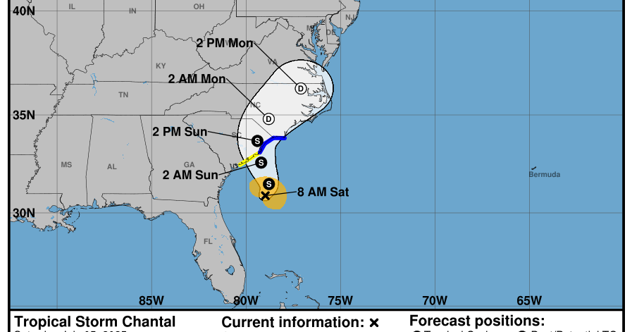 Chantal de tempestade tropical se forma na costa da Carolina do Sul
