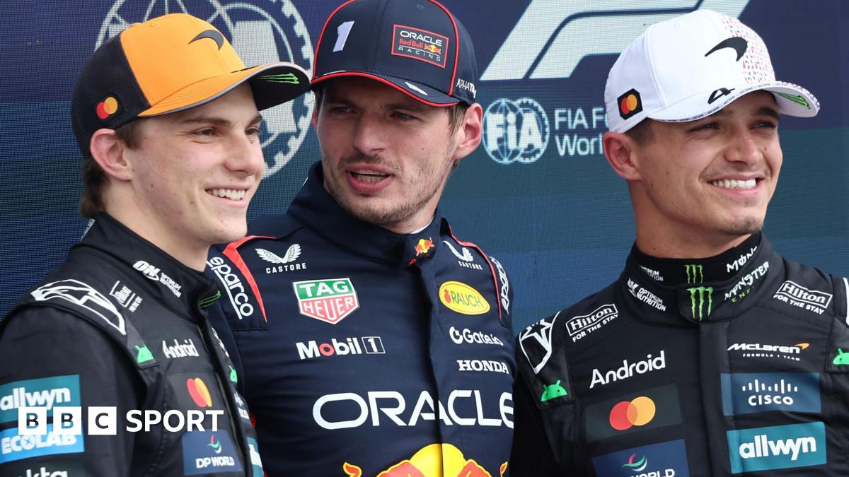 Oscar Piastri, Max Verstappen and Lando Norris - the top three - pose for pictures after qualifying for the British Grand Prix at Silverstone